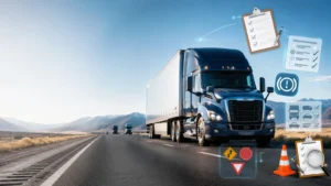 CDL practice test preparation featuring a commercial semi-truck on a U.S. highway with commercial driver license exam and safety training concepts.