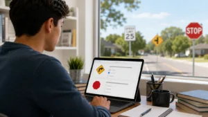 Student taking DMV permit practice test with road signs and multiple choice driving questions on computer screen