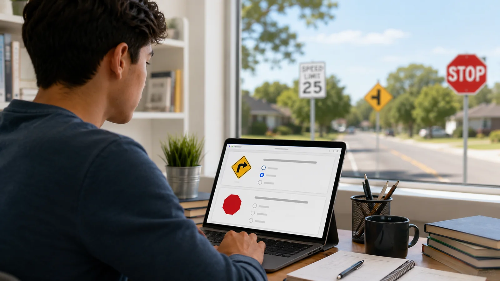 Student taking DMV permit practice test with road signs and multiple choice driving questions on computer screen