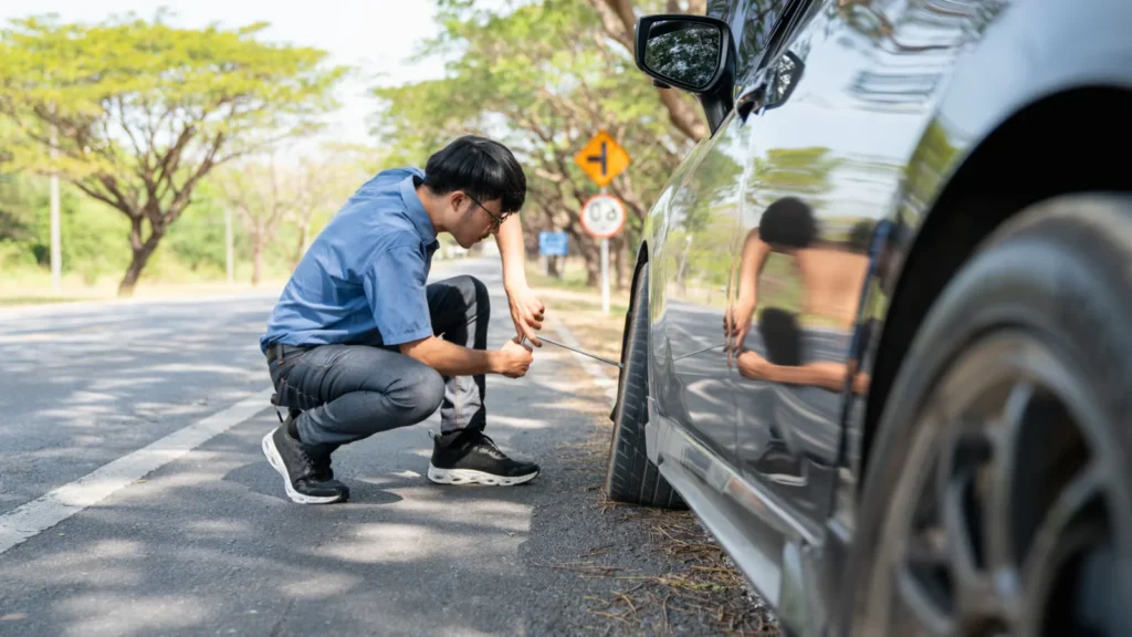 Driver performing a vehicle safety inspection before a long trip, checking the tires.