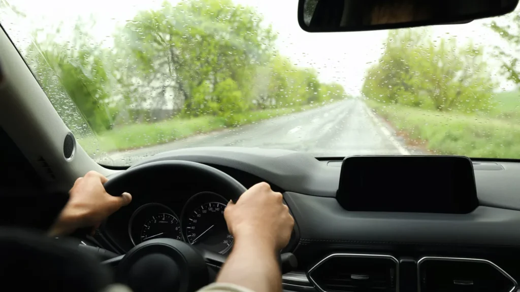 Driving on Wet Road Through Rural Green Landscape