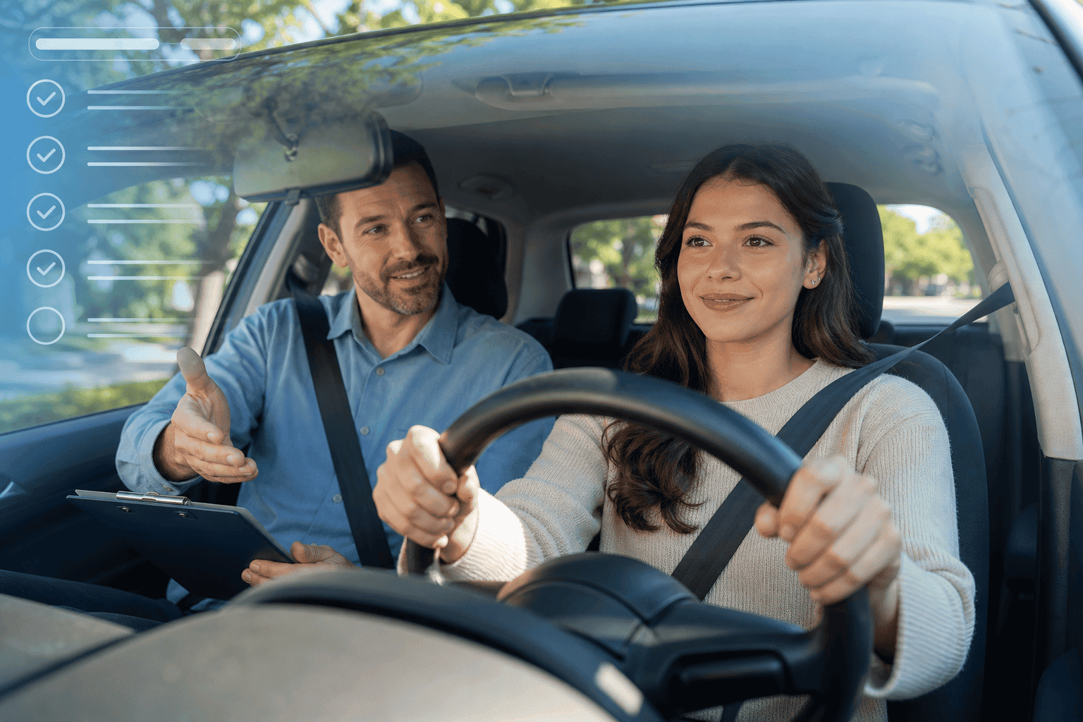 Student practicing driving with the support of an instructor.