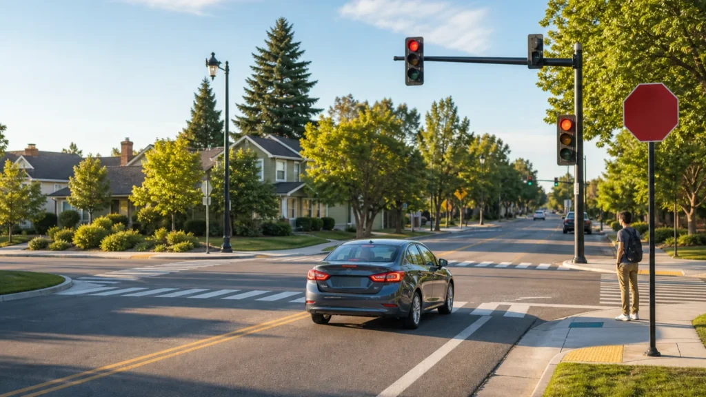 A car approaches a U.S. intersection with a traffic light, marked crosswalk, and stop sign.